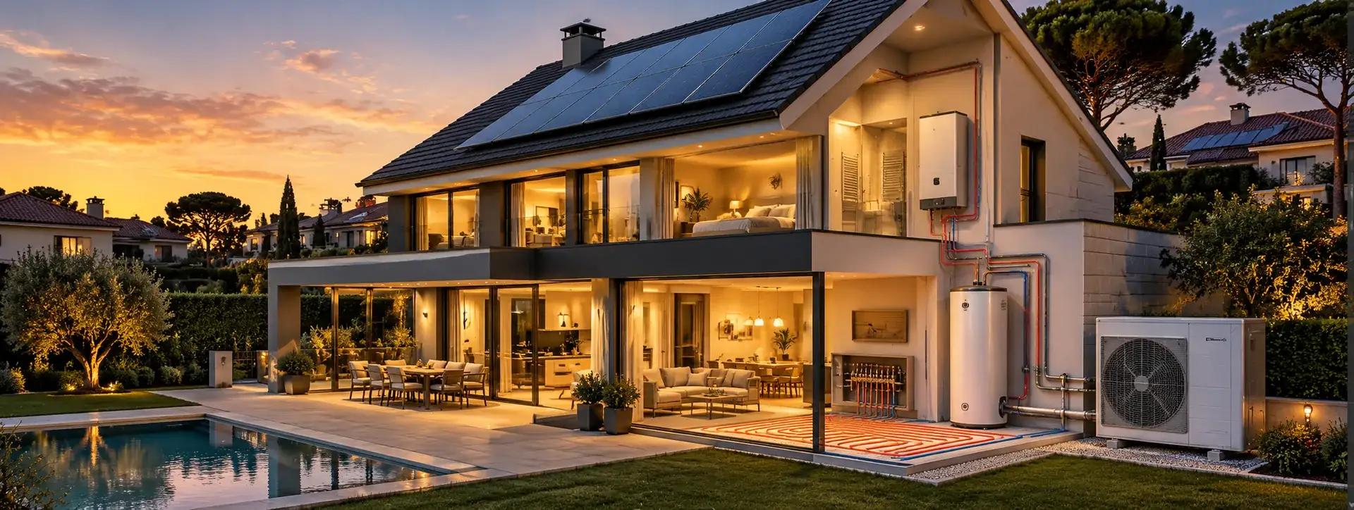 Vivienda con placas solares y aerotermia instaladas por AERVIK en Majadahonda, al atardecer